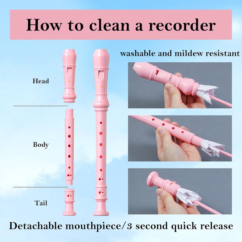 SDREAM Soprano Recorder Instrument for Kids and Adults - Beginner 8 Hole German Fingering Recorder Flute With Cleaning Rod, Packing Bag and Sheet Music (Pink) - Image 4